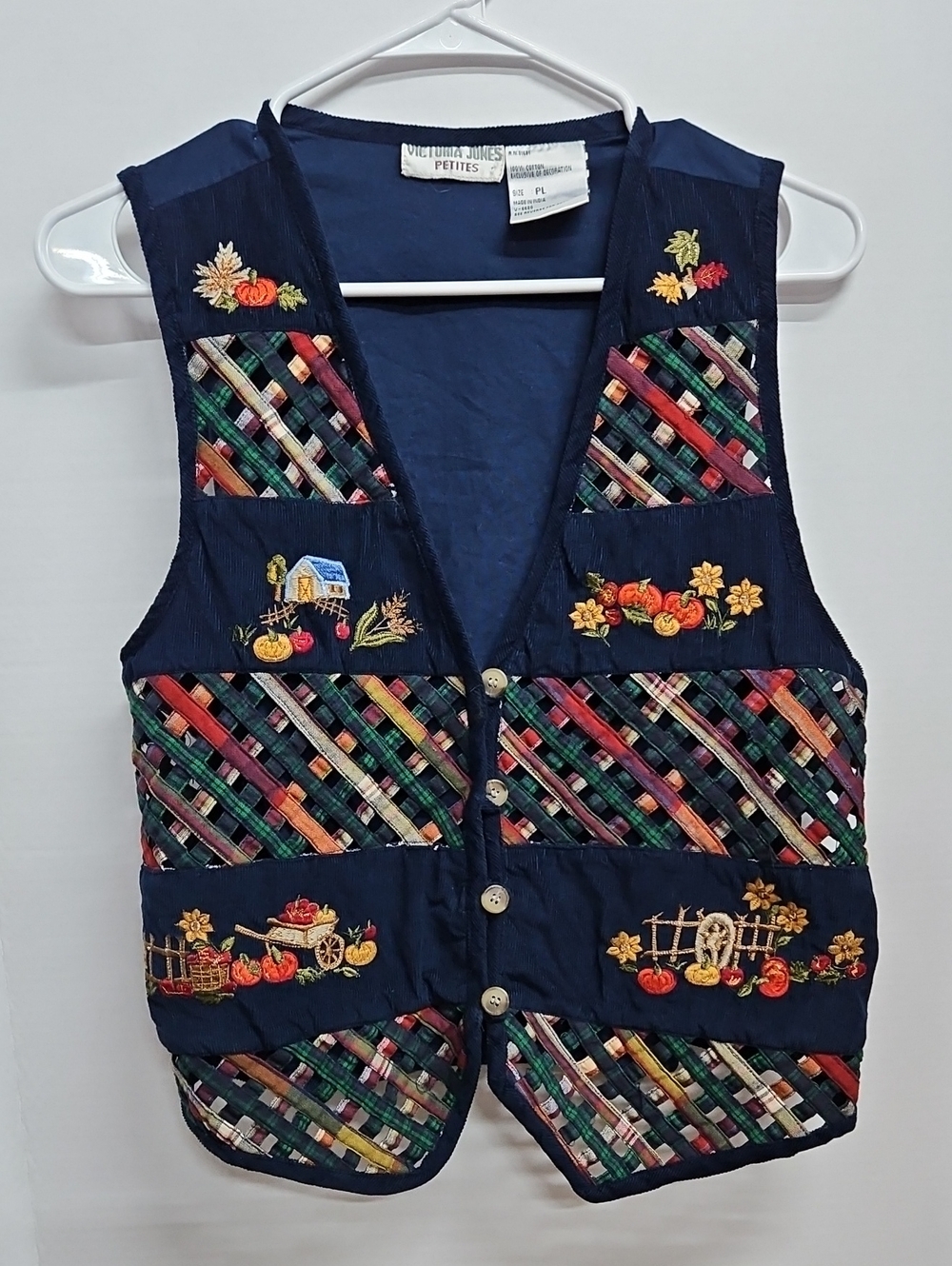 Vintage Victoria Jones Corduroy Patchwork Woven Embroired Navy Blue Fall Vest L
